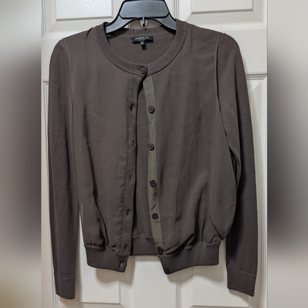 LaFayette 148 silk combo overlay sweater cardigan Size p Brown